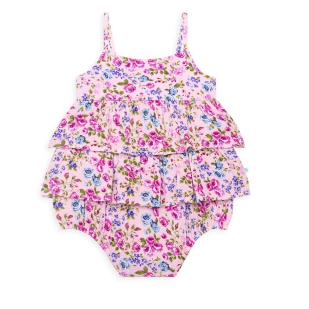 POSH PEANUT Pixie Baby Floral Tiered Bubble Romper & Headband